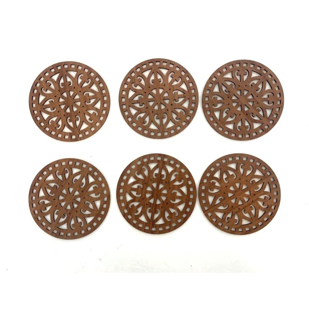 Set of 6 Wooden Laser Cut Coasters Thin Detailed 4.25